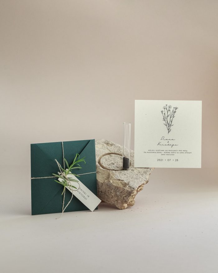 vestuvinis kvietimas minimalistinis botaninis išskirtinės formos
